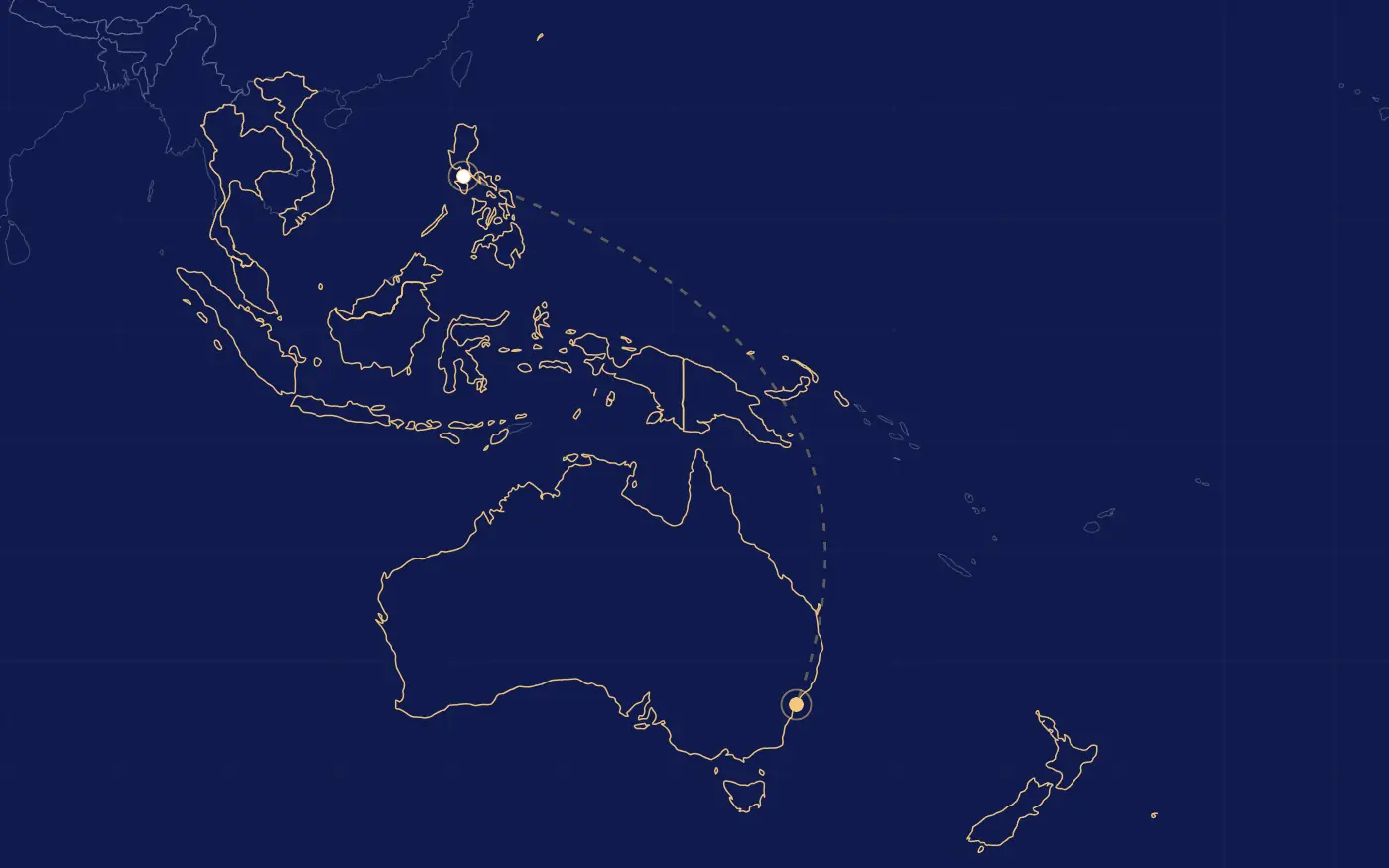 Map of Asia-Pacific with a route line drawing from Manila to Sydney